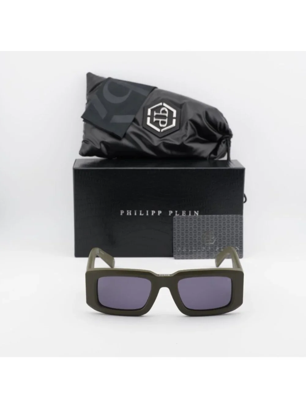 Philipp Plein SPP149 0C02 Unisex Sunglasses Green Rectangle Frame, Blue Lenses